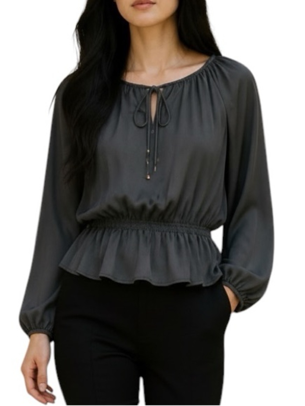Women's Black Satin Poet-Style Peplum Long-Sleeve Lightweight Tie-Neck L/XL